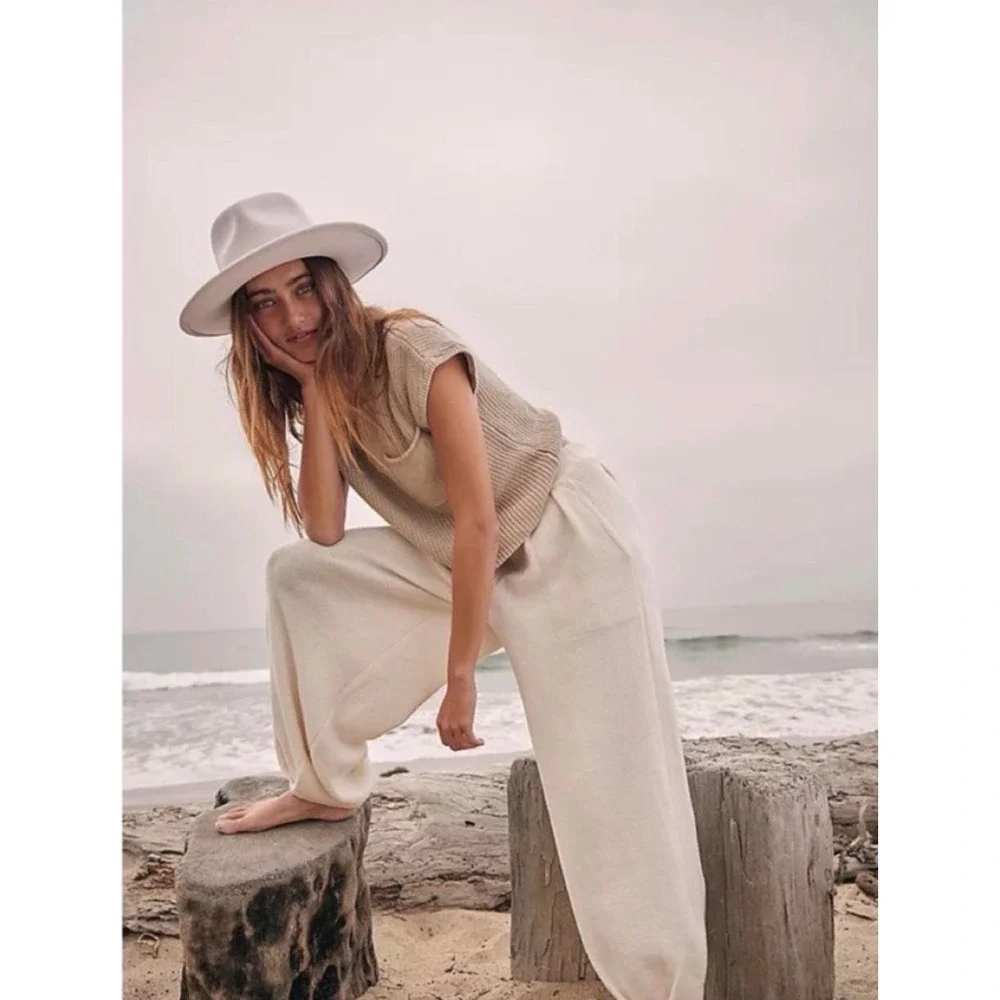 Free People Beach Freya Merino Wool Top Balloon Pants Set Ivory Oatmeal Boho S/M